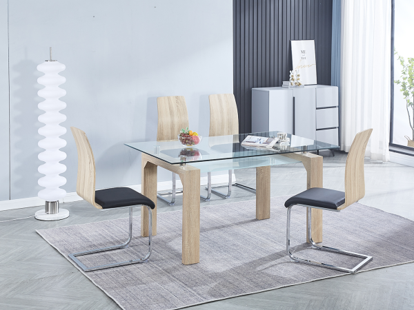 Conjunto Rio mesa Cristal Comedor Fija + 4 Sillas tap. Madera