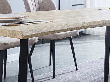 detalle_mesa Conjunto de Comedor con Mesa Fija MDF y 4 Sillas Tapizadas en Tela Beig / Gris