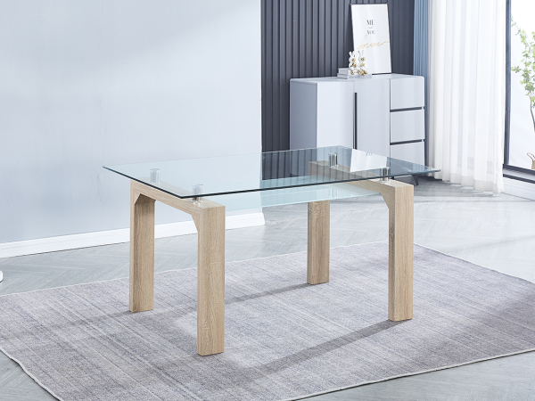 Conjunto Rio mesa Cristal Comedor Fija + 4 Sillas tap. Madera